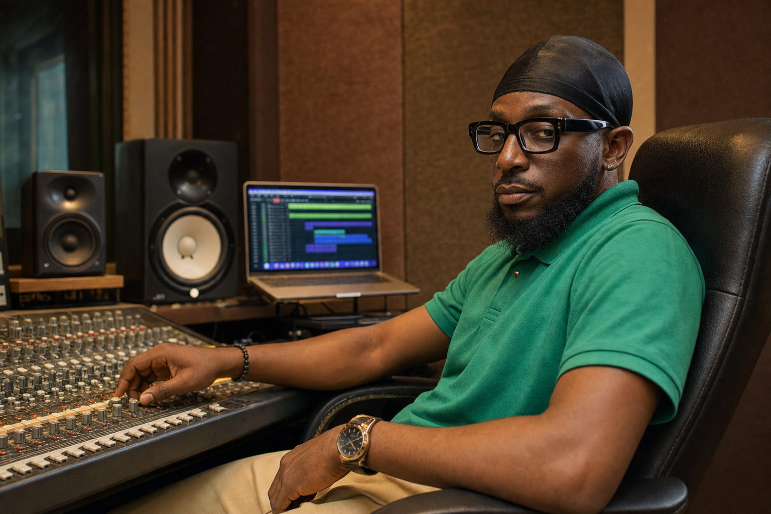 Jah-Jah in the studio — black durag, glasses, at the boards